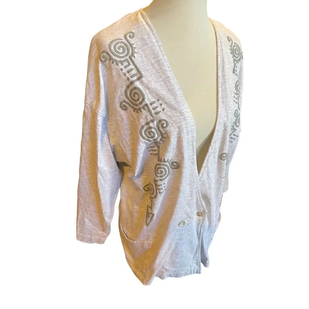 SHoK 80’s Light Gray Button Front Tribal Design Cardigan Jacket/Blazer Size XL-V
